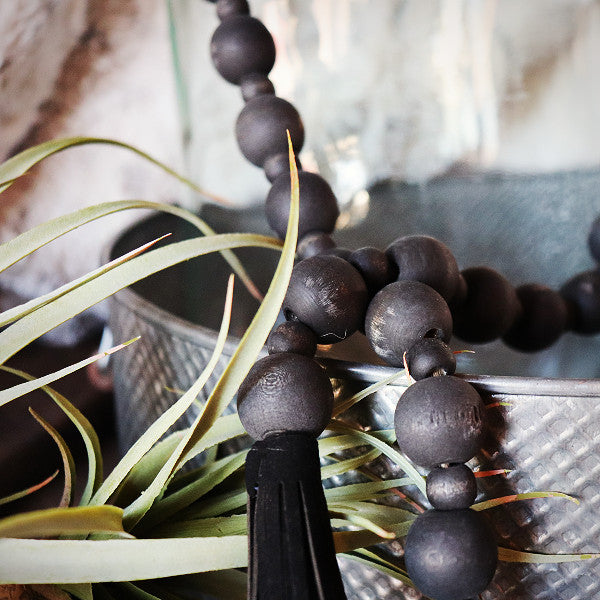 wooden bead garland  Distressed Black Garland with Ribbons – From